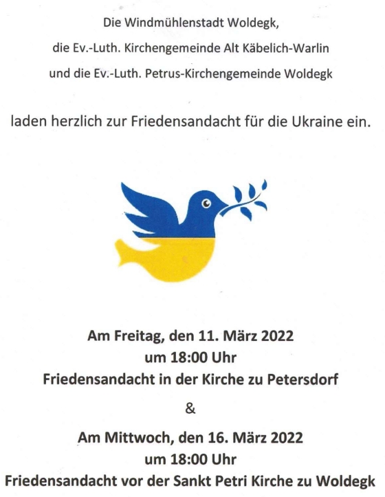 Einladung zur Friedensandacht in Woldegk